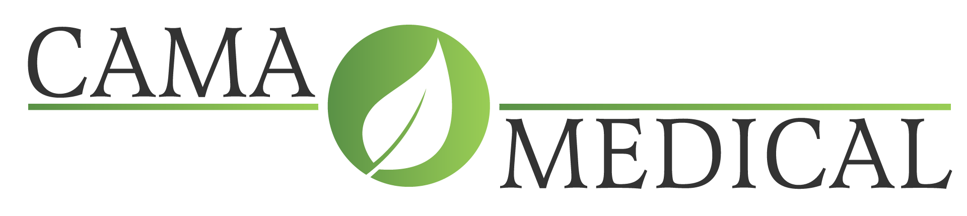 Logo von CAMA MEDICAL, ein grünes Blatt in einem grünen Kreis zwischen den Wörtern „CAMA“ und „MEDICAL“.