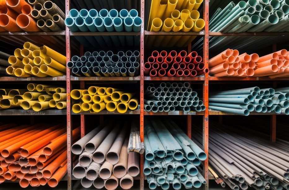 Estanterías repletas de tubos de PVC de colores de distintos tamaños, organizados por color.