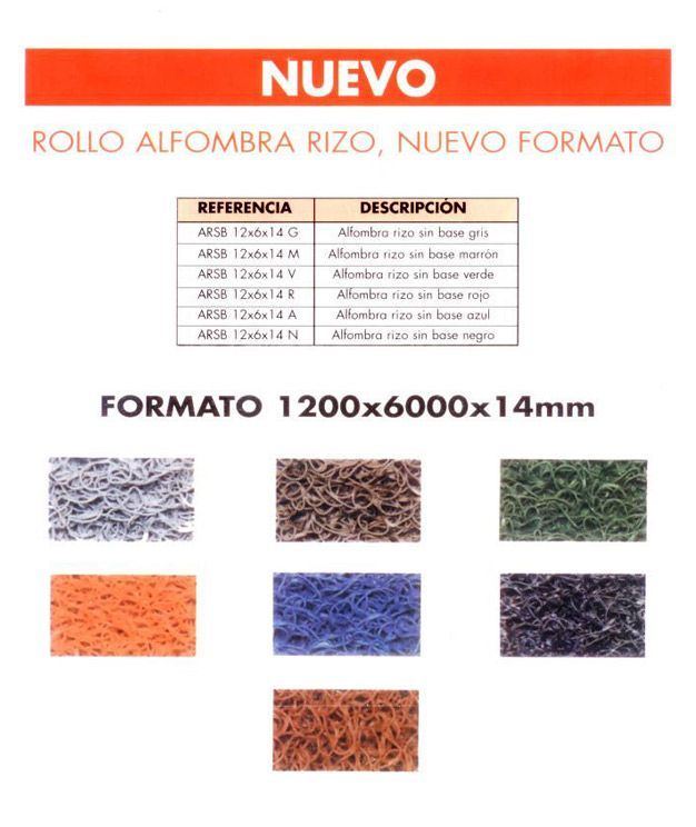 Rollo de muestras de alfombra en varios colores, con especificaciones y etiqueta de “Nuevo”.