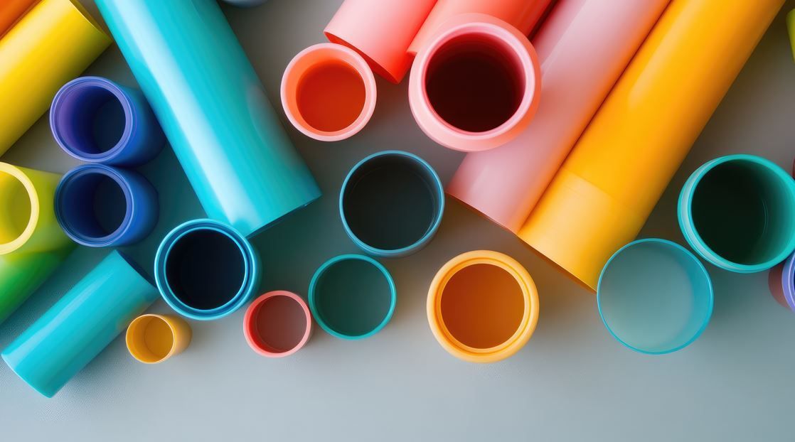 Tubos de plástico de colores de distintos tamaños, dispuestos sobre una superficie gris claro.