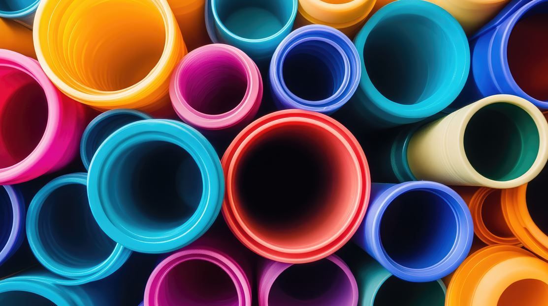 Surtido colorido de tubos de plástico vistos desde arriba, de varios tamaños y tonos.