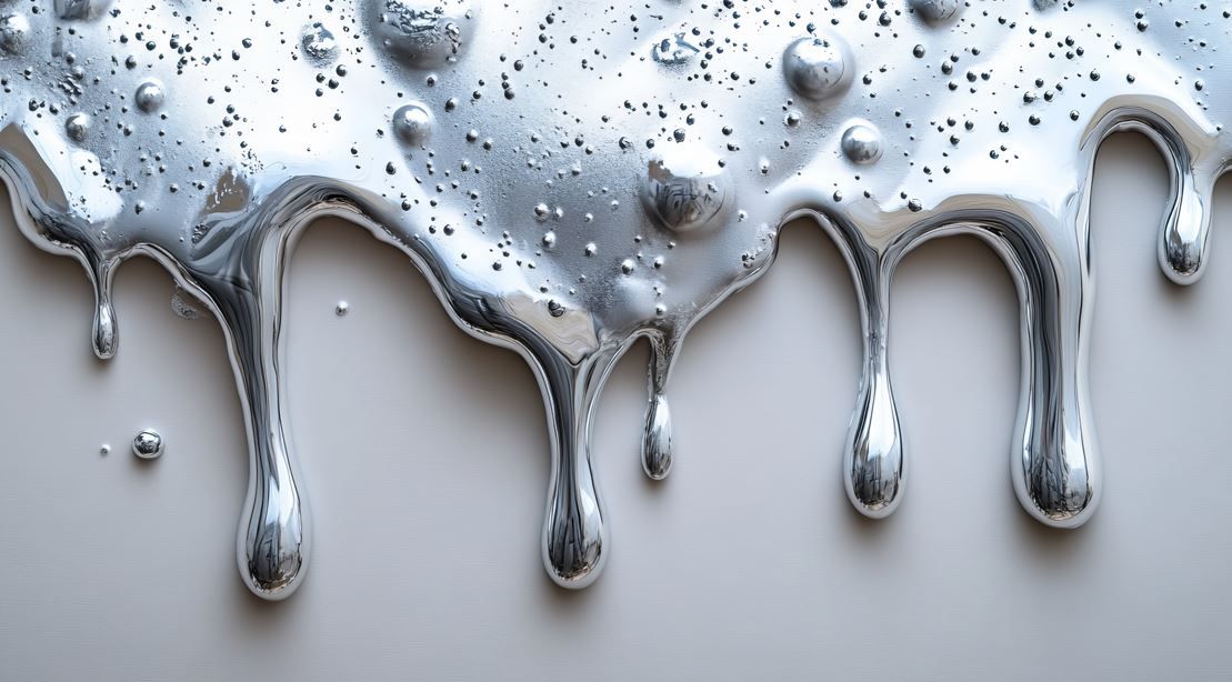 Metal plateado líquido goteando sobre una superficie de color claro.