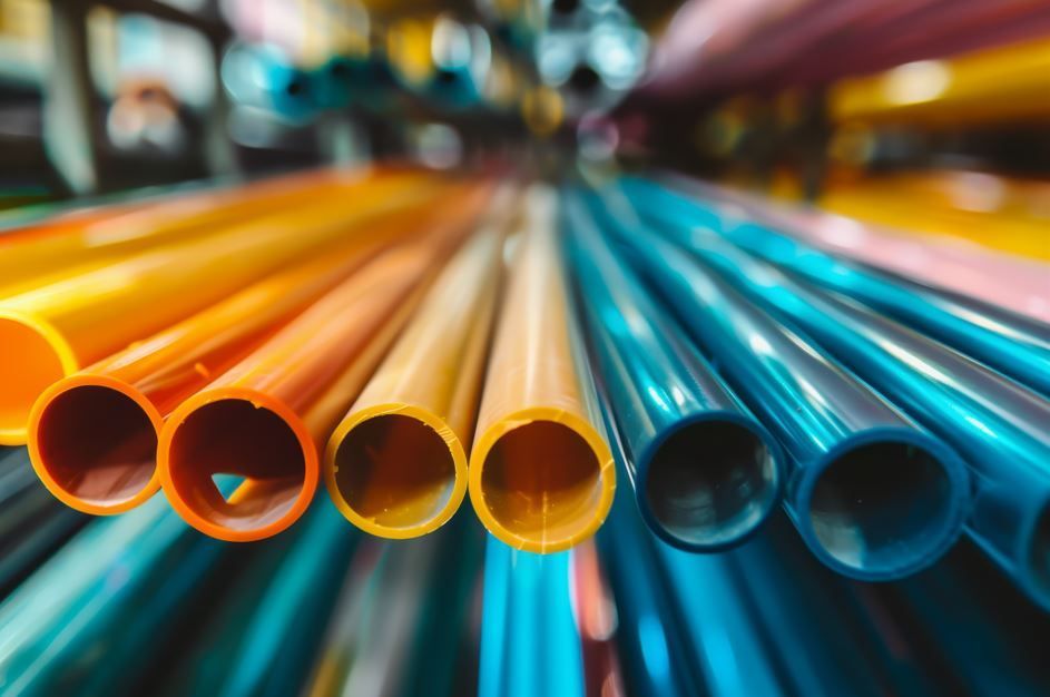 Tubos de PVC de colores dispuestos en filas.