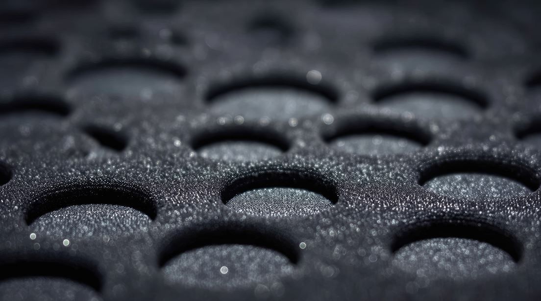 Primer plano de un inserto de espuma negra con muchos recortes circulares, utilizado para sujetar objetos pequeños.