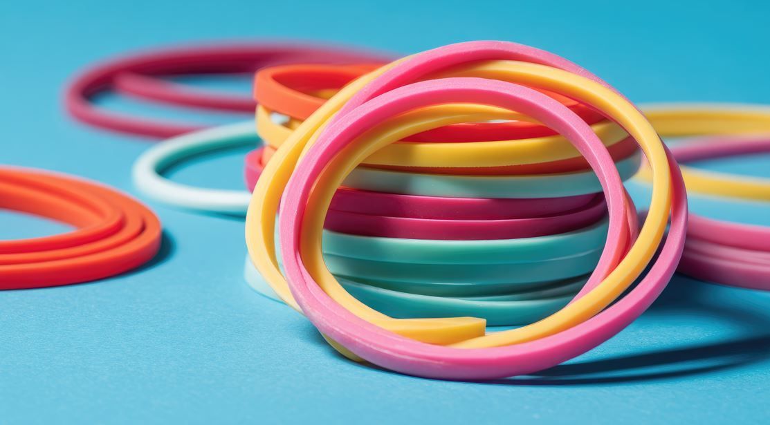 Pila de pulseras de goma de colores sobre una superficie azul.