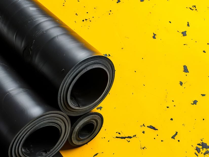 Alfombrillas de goma enrolladas de color negro sobre una superficie de color amarillo brillante.
