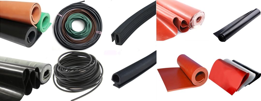 Varios rollos de caucho y productos similares al caucho en diferentes formas y colores.