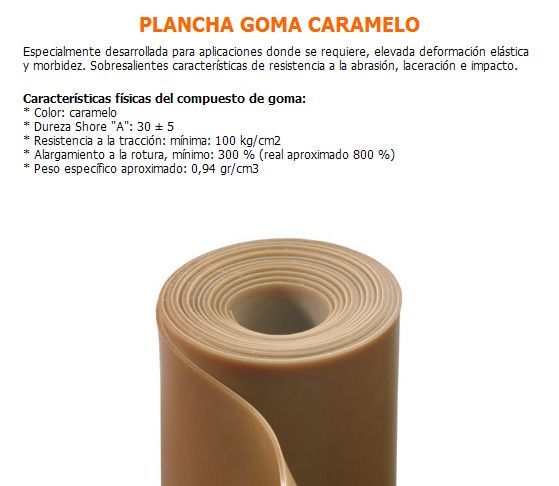 Un rollo de caucho de color caramelo con una descripción textual de sus características físicas, como dureza y resistencia a la tracción.