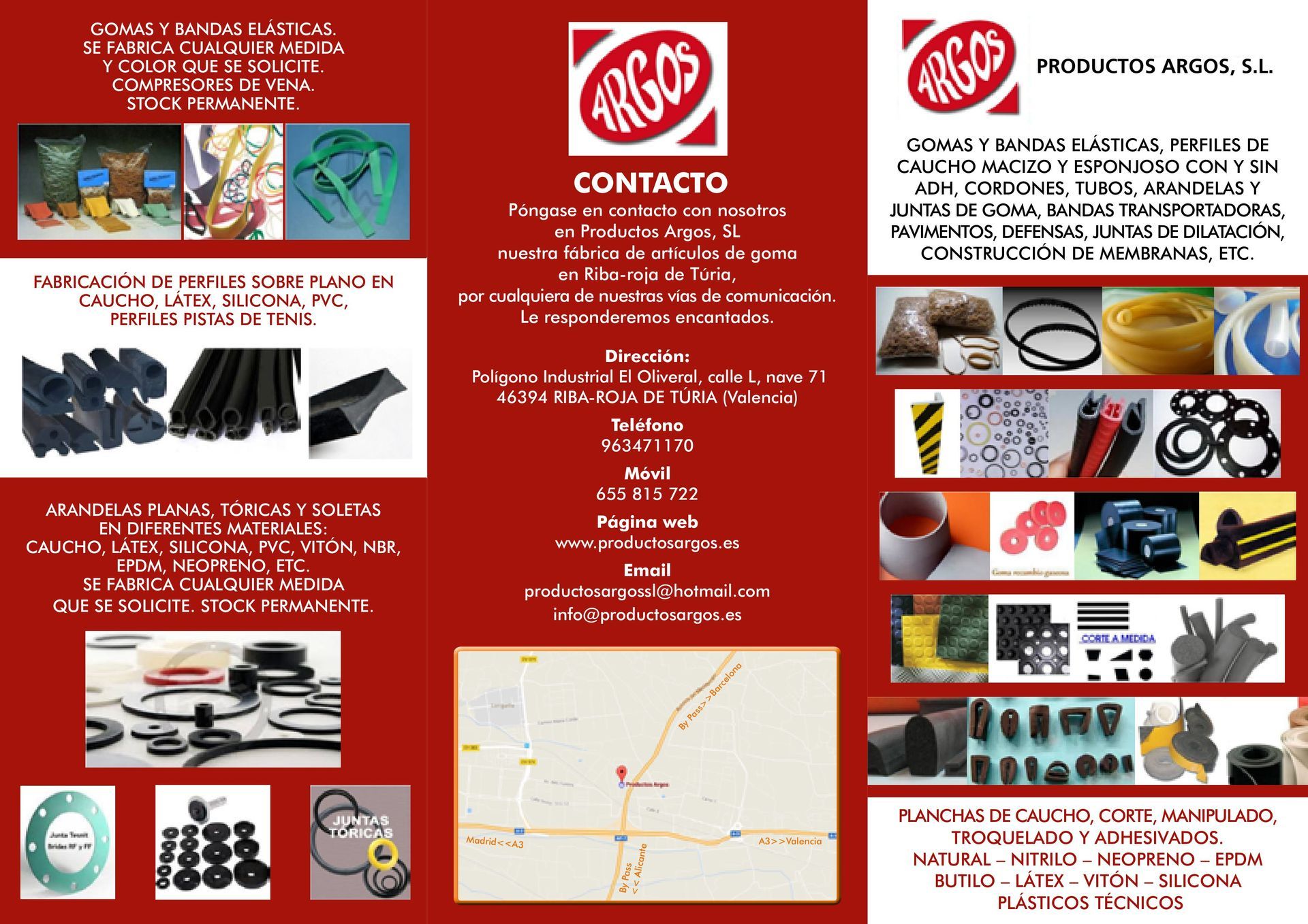 Folleto de la empresa ARGOS, que presenta productos de plástico e información de contacto. 