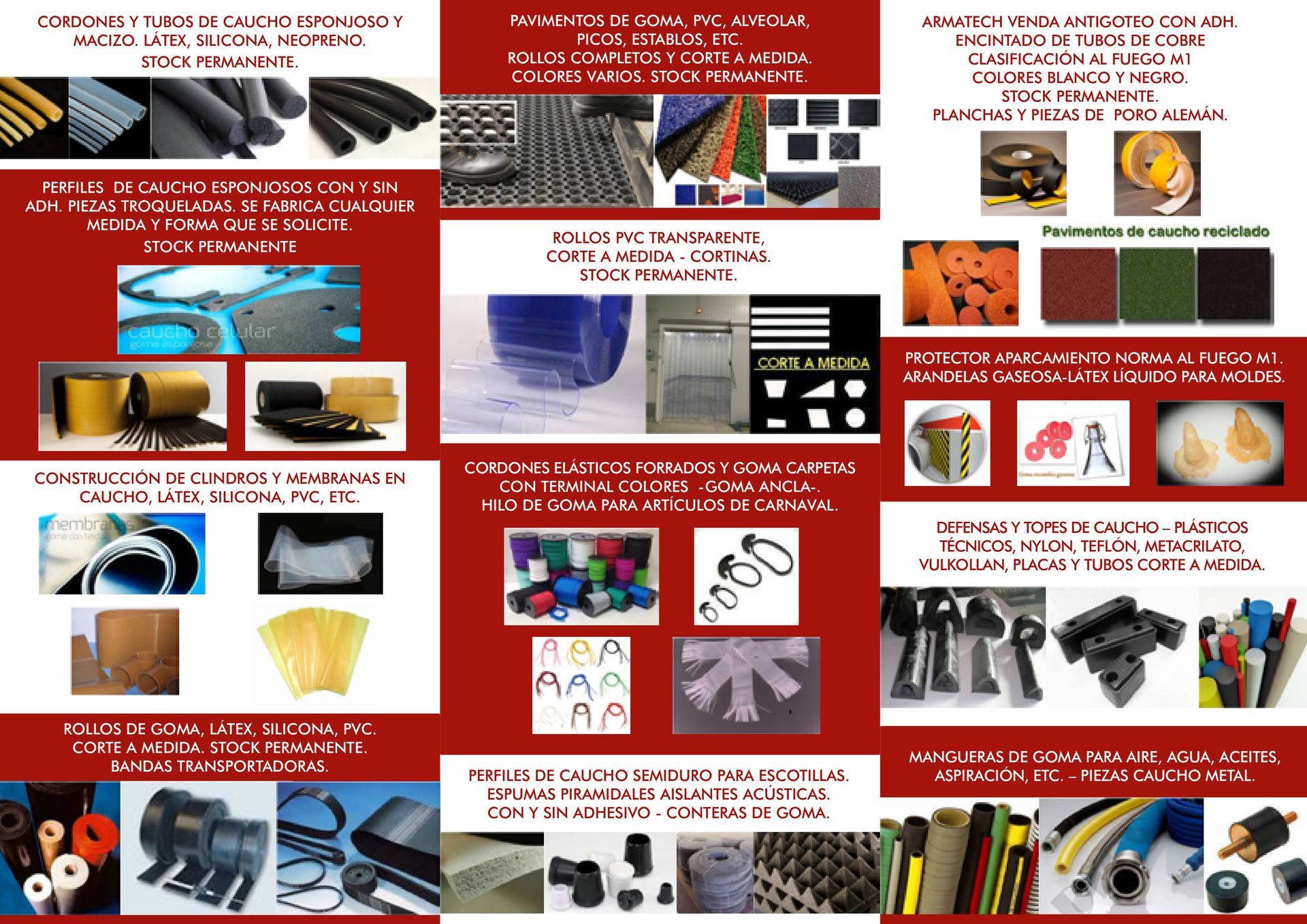 Un collage de productos de caucho y plástico, dispuestos sobre un fondo rojo.