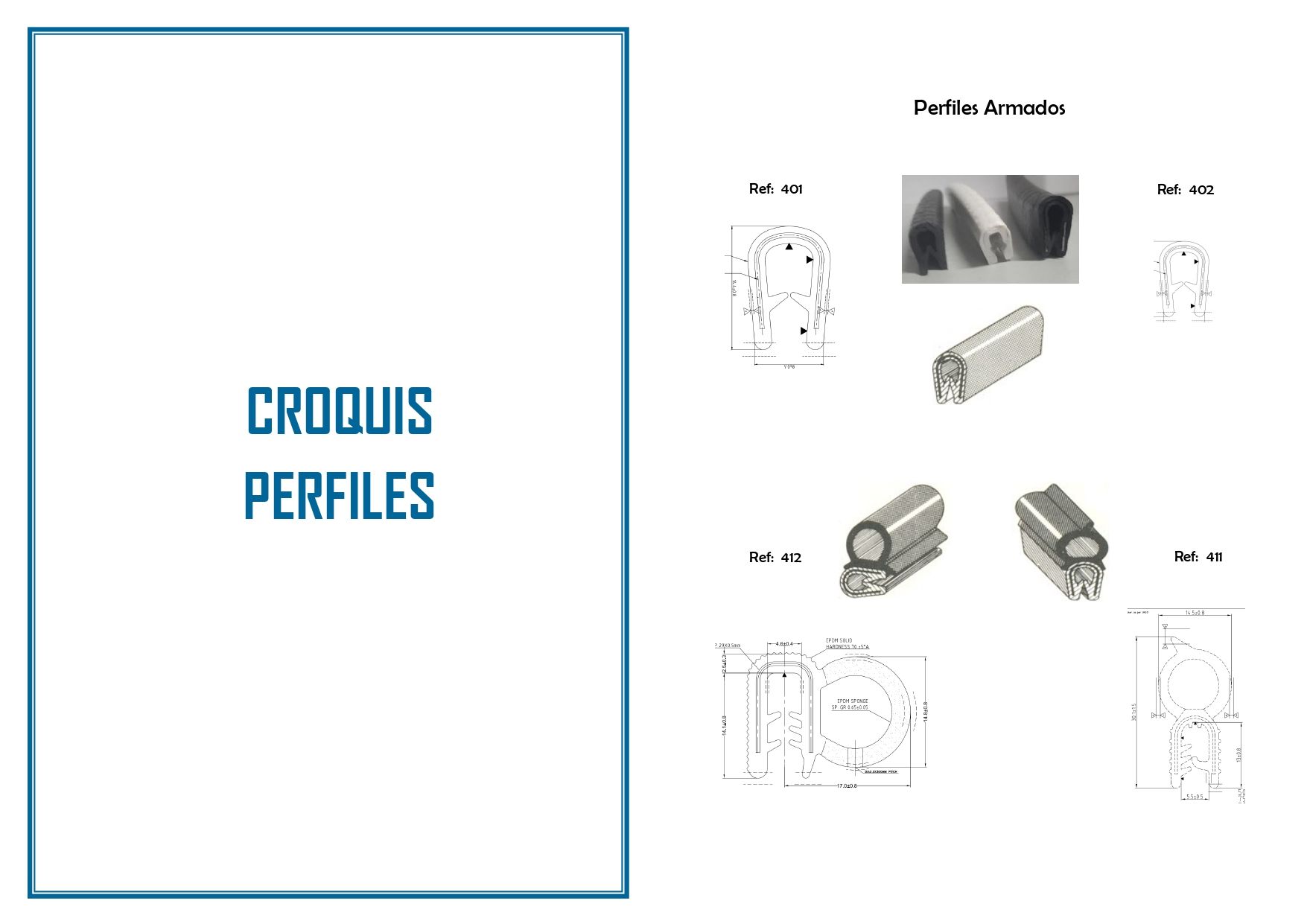 Diagrama de perfiles de caucho, con dibujos técnicos y renders 3D, denominado "Croquis Perfiles".