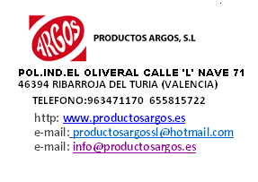 Contact information for Productos Argos, S.L. in Ribarroja del Turia, Valencia, including phone, email, and website.