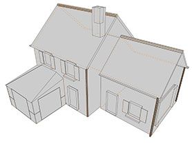 Dessin au trait d’une maison avec un garage, une porte d’entrée, une cheminée et des toits en pente