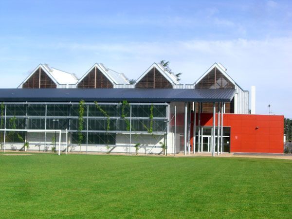Immeuble moderne en verre avec des toits triangulaires, un mur latéral rouge et une pelouse verte sous un ciel bleu