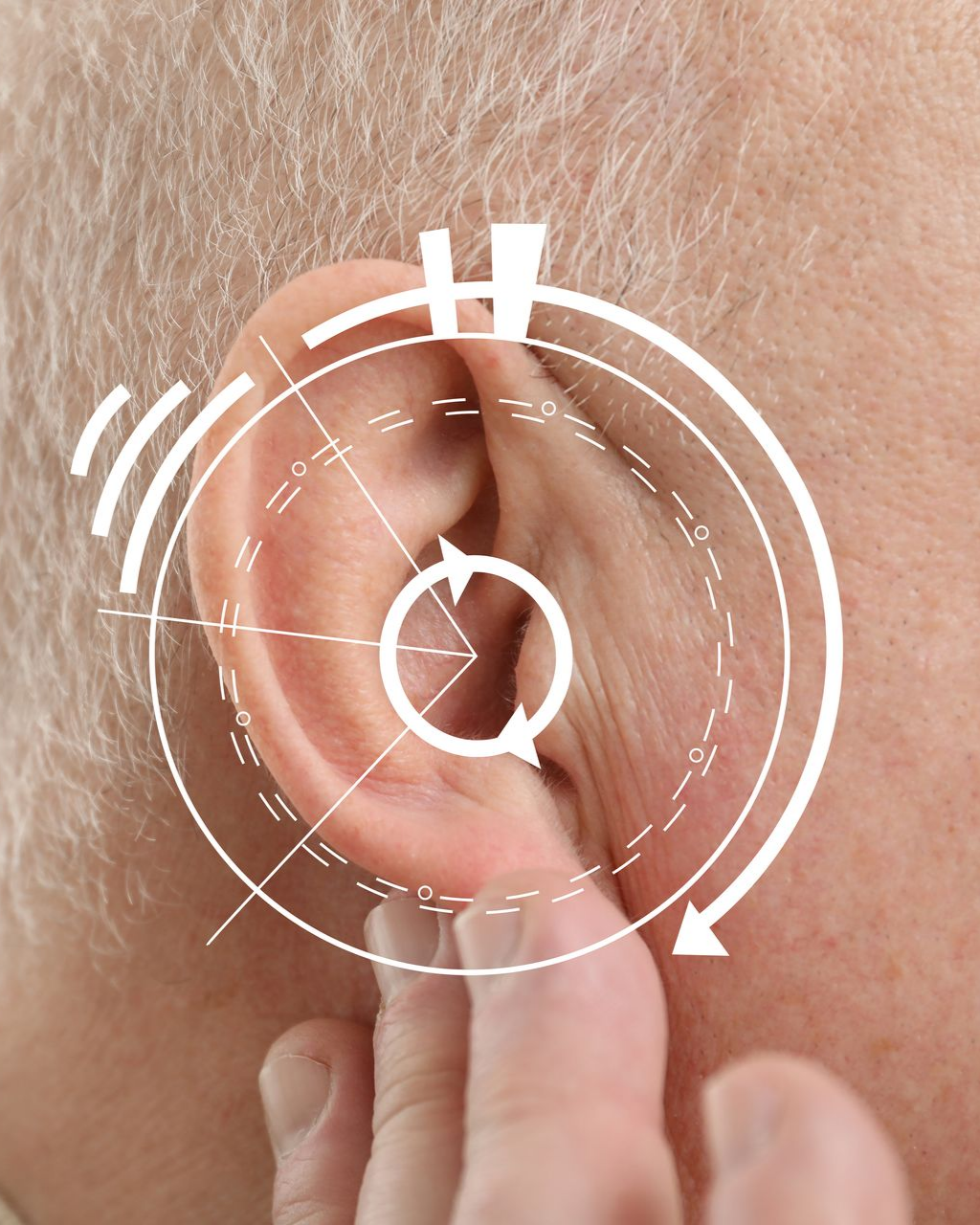 Gros plan d'une oreille avec un schéma superposé, illustrant peut-être des concepts auditifs ou médicaux.