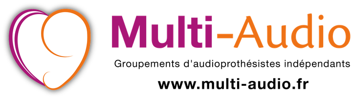 Logo : Symbole de cœur violet et orange avec les mots Multi-audio.