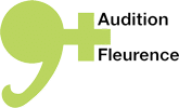 Accueil Logo vert clair avec une virgule stylisée, un signe plus et le texte: Audition Fleurence.
