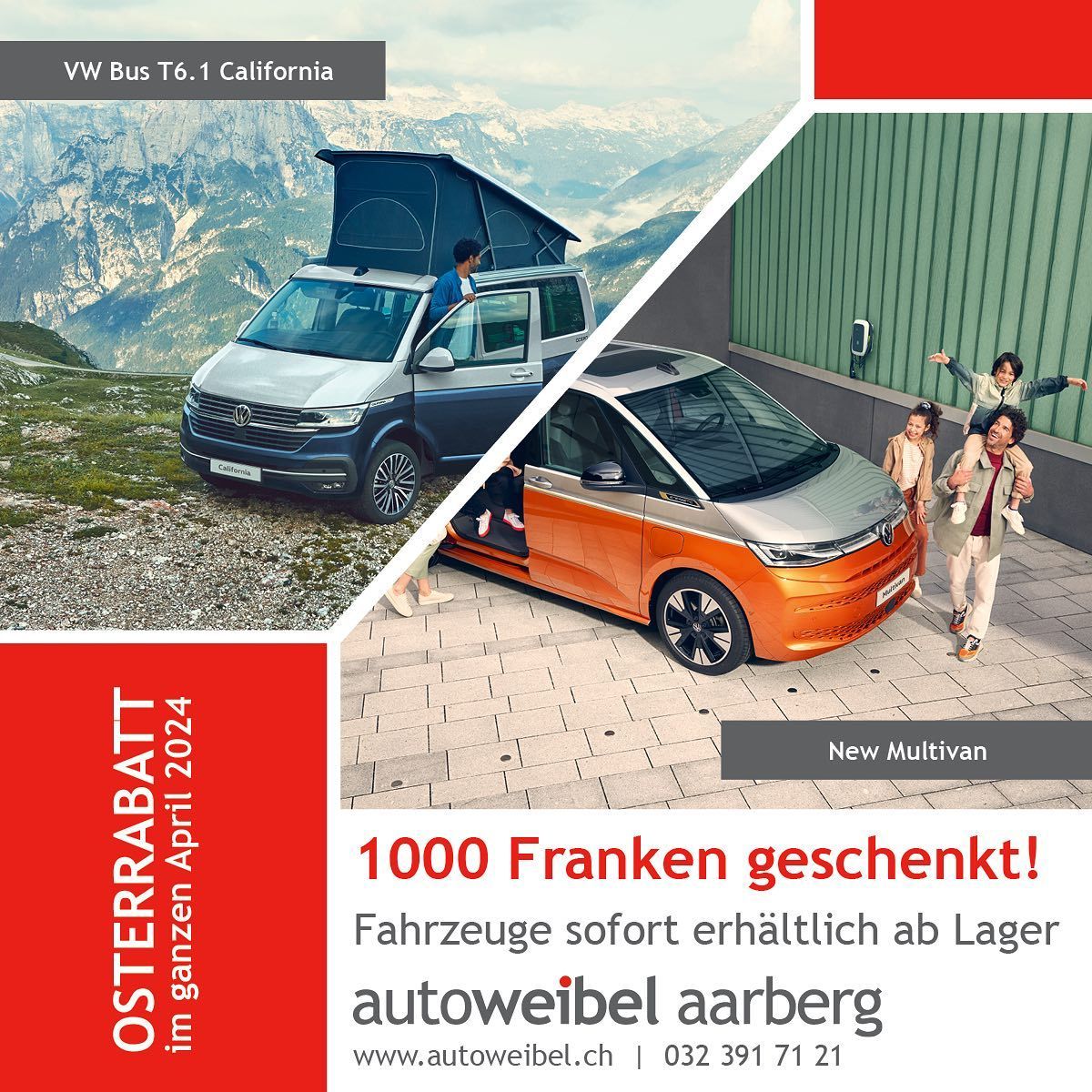 Eine Werbung für einen Volkswagen-Van und einen Volkswagen-Minivan. Foto von der Autoweibel AG