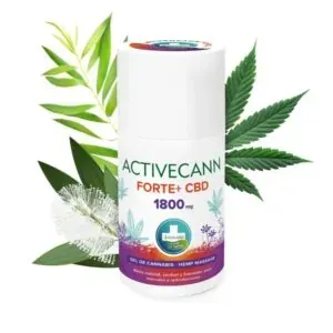 ActiveCann Forte+ Gel tópico de CBD con hojas de cáñamo y toques florales.