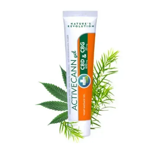 Tubo blanco de gel Activecann CBD & CBG con hoja de cannabis y vegetación.