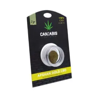 Paquete de “Afghan Gold CBD” con un recipiente de material marrón, que presenta un logotipo de hoja de cannabis.