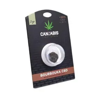 Paquete de producto “Bourbouka CBD” con logotipo de hoja de cannabis CBD y envase de 2 gramos.