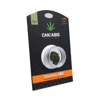 Paquete de Charas de Cannabis CBD de grano claro, oscuro con un frasco que contiene una sustancia oscura.