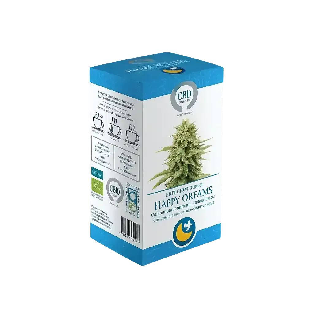 Caja de té CBD Happy Dreams con gráfico de una planta de cannabis.