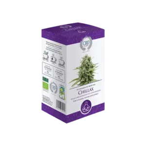 Caja de té CBD Chillax, con una planta de cannabis y detalles del producto en un paquete morado y blanco.