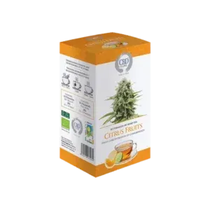 Caja de té CBD de frutas cítricas con gráfico de una planta de cannabis.