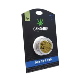 Producto CBD de cannabis tamizado en seco, frasco pequeño en empaque negro y azul.