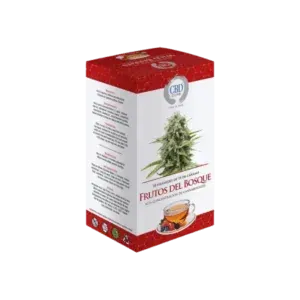 Caja de té de frutas CBD con imagen de una planta de cannabis y una taza de té.