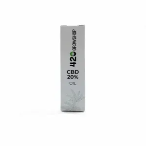 Caja blanca de aceite CBD 20% 420 Growshop con logotipo verde sobre fondo blanco.