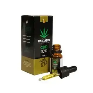 Botella y caja de aceite de CBD. Caja negra con el logotipo de la hoja de cannabis verde y etiqueta con el 10 % de descuento. Botella de aceite ámbar con gotero.