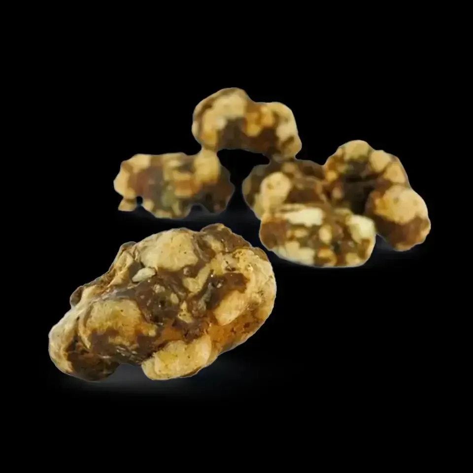 Varias trufas blancas, con jaspeado marrón, sobre fondo negro.