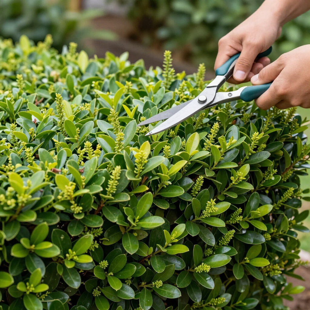 Unas manos podan un arbusto verde con unas tijeras de jardinería en un jardín al aire libre