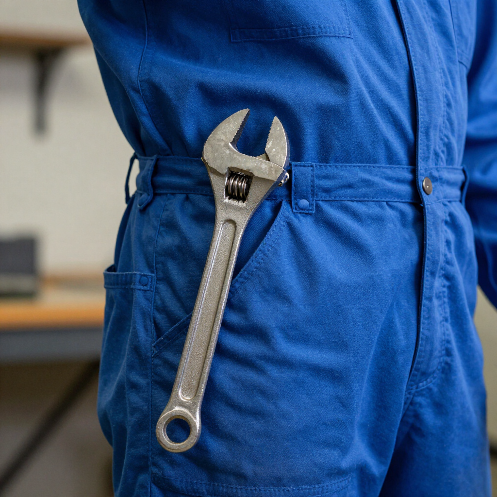 Una llave inglesa plateada metida en el bolsillo de una chaqueta de trabajo azul