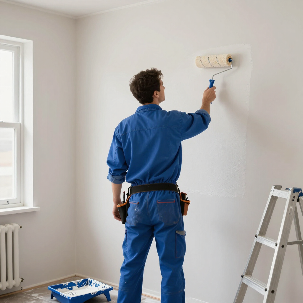 Pintor con un mono azul pintando una pared blanca junto a una ventana y una escalera en una habitación luminosa