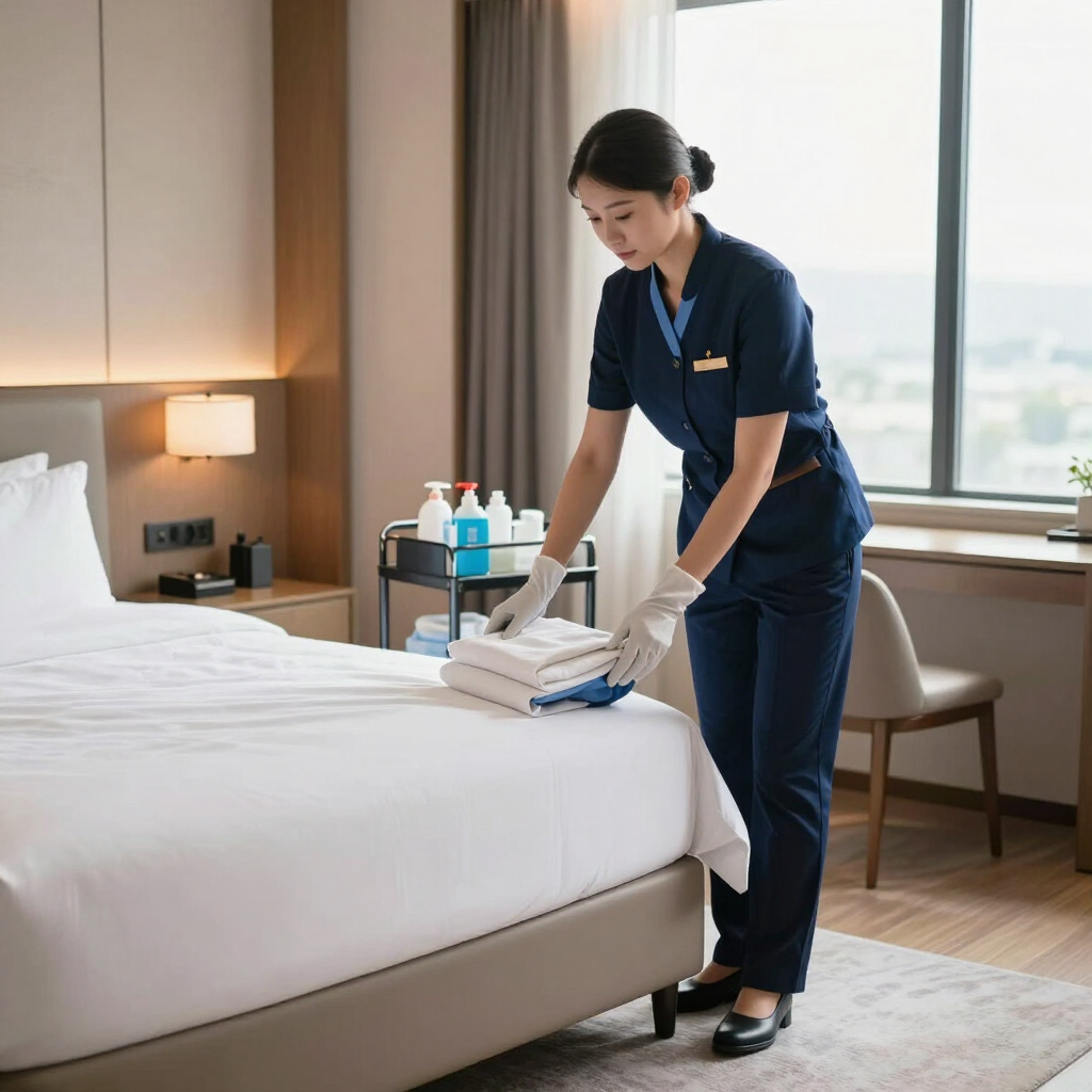 Una empleada de limpieza del hotel, con uniforme azul marino, haciendo una cama en una habitación luminosa