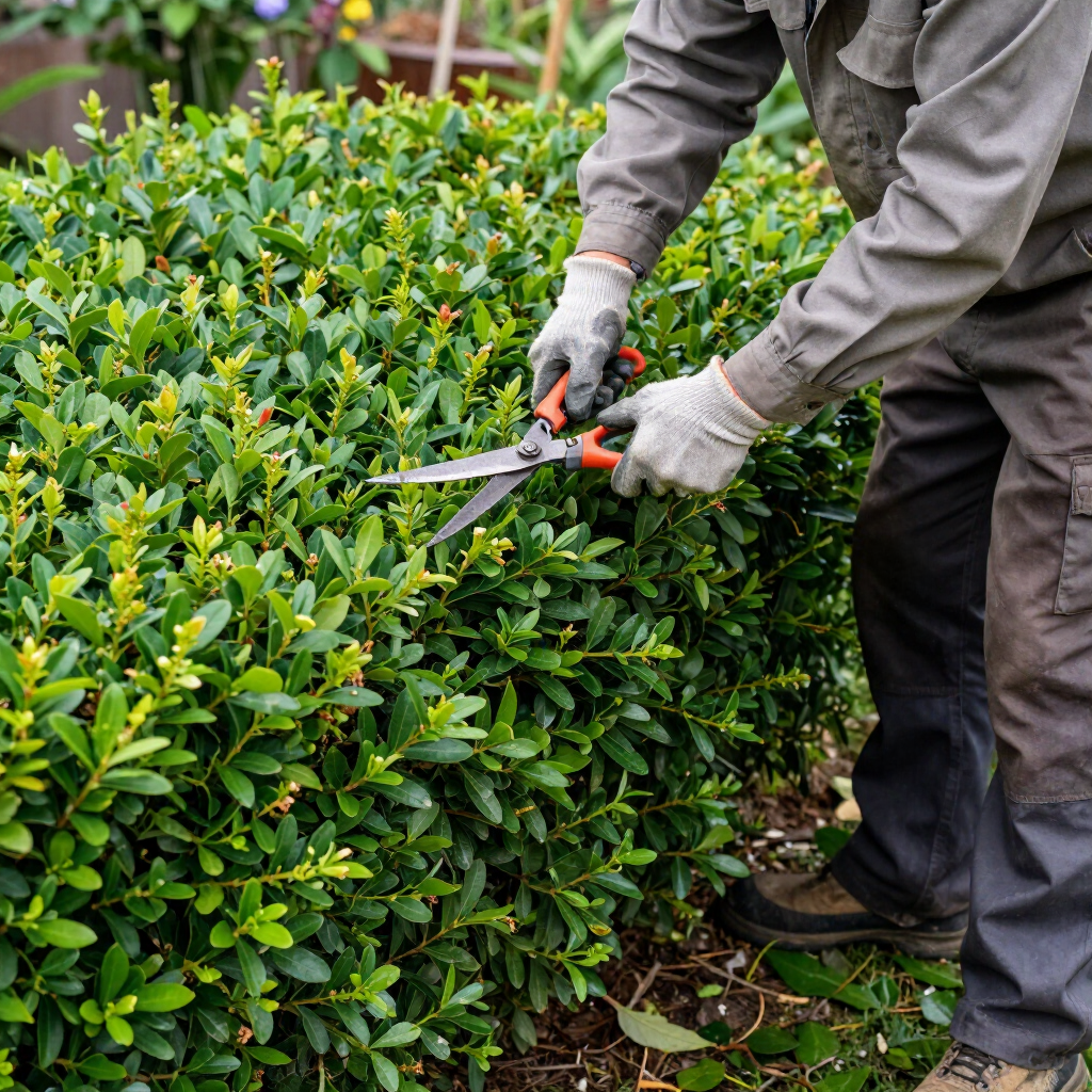 Jardinero podando un seto verde con tijeras cortasetos en un jardín
