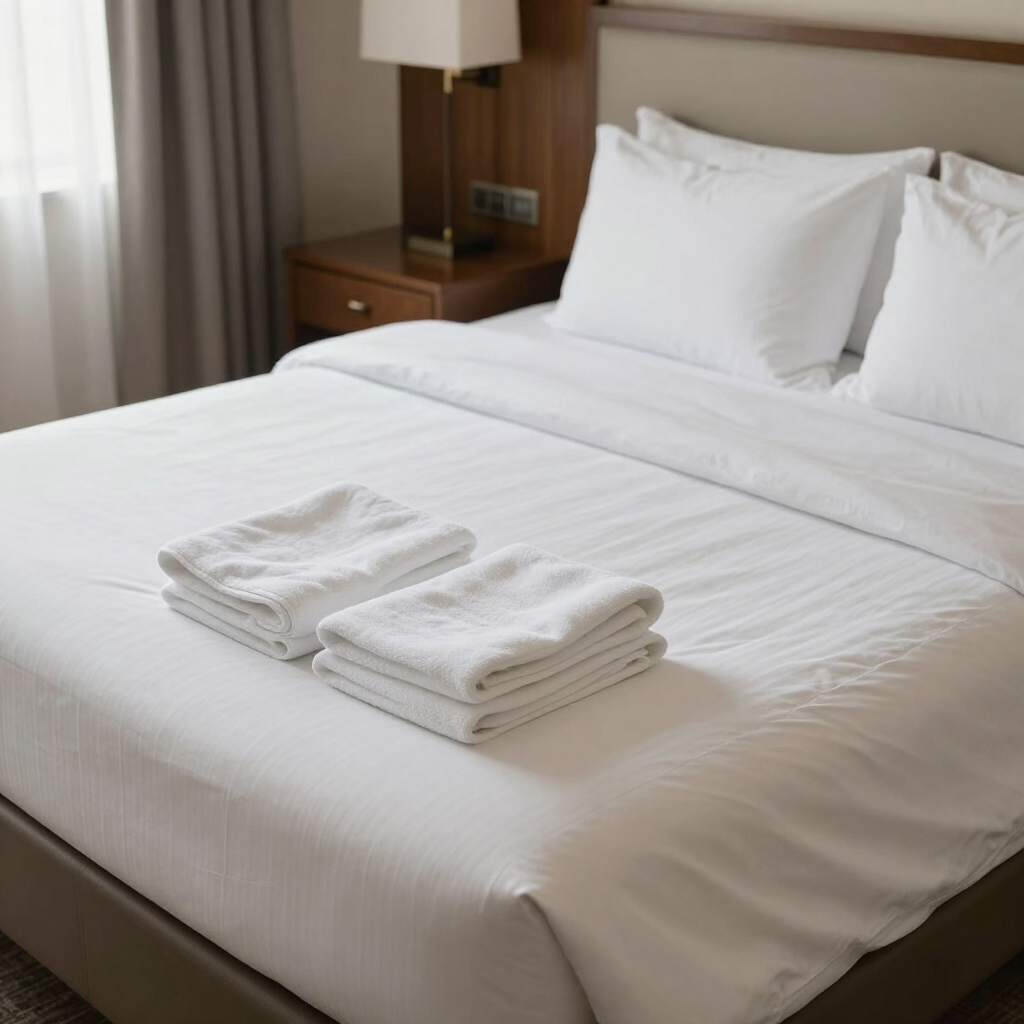Cama blanca impecablemente hecha con toallas dobladas en una luminosa habitación de hotel