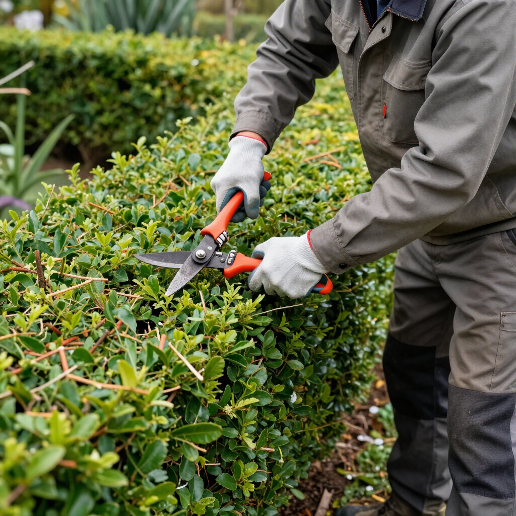 Persona podando un seto verde con unas tijeras de podar naranjas, con guantes y ropa de trabajo.
