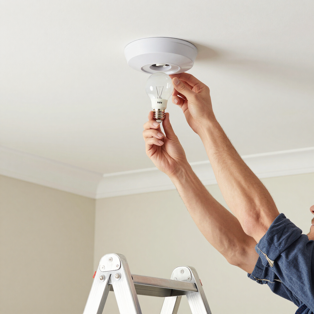 Una persona subida a una escalera cambiando una bombilla del techo en una habitación beige