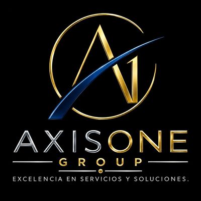 Logotipo de AXISONE GROUP con una A y una N abstractas en dorado y azul sobre fondo negro, con un eslogan en espa&ntilde;ol debajo