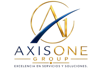 Logotipo de Axis One Group en dorado y azul marino con el eslogan «Excelencia en servicios y soluciones»