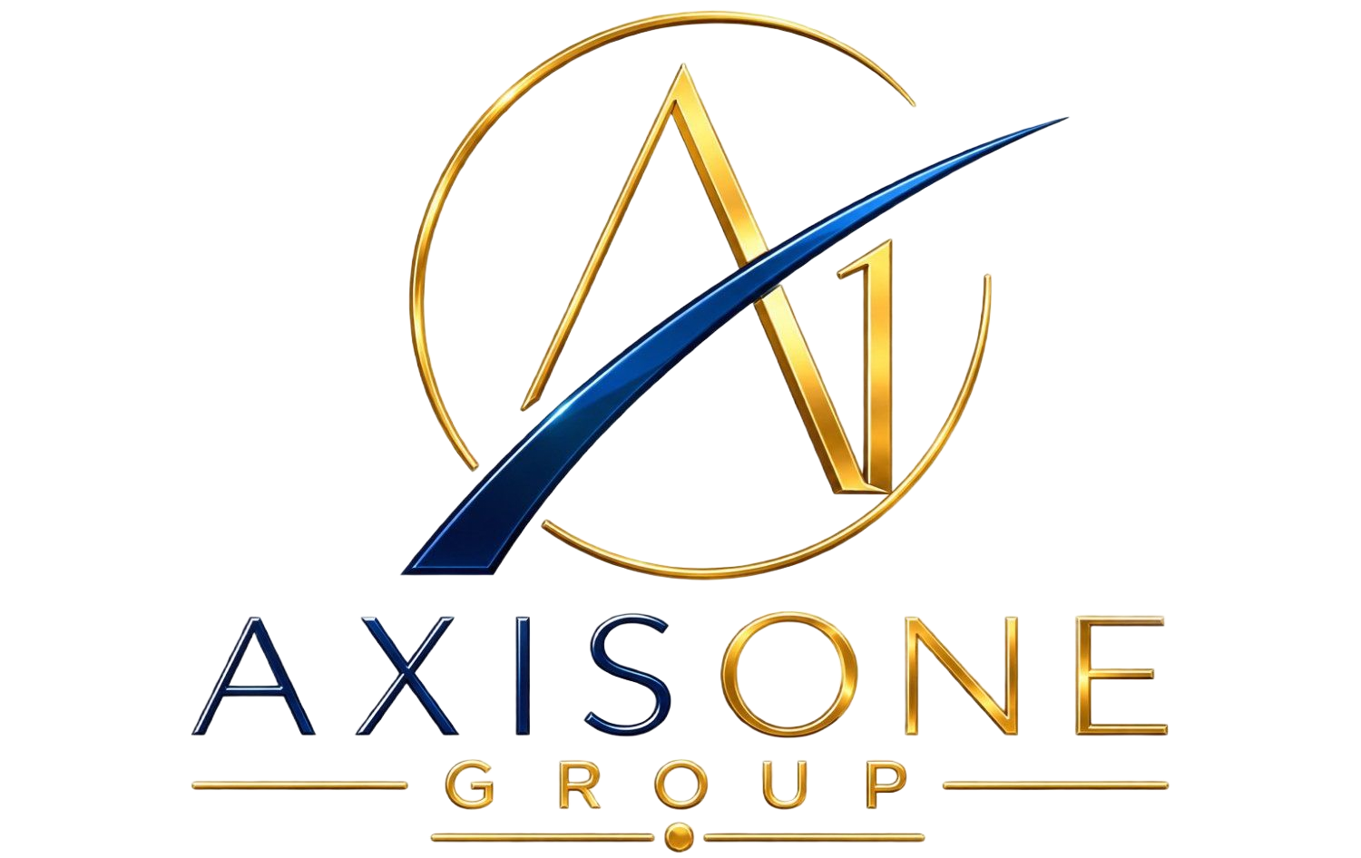 Logotipo de Axis One Group, con letras estilizadas en dorado y azul sobre fondo blanco