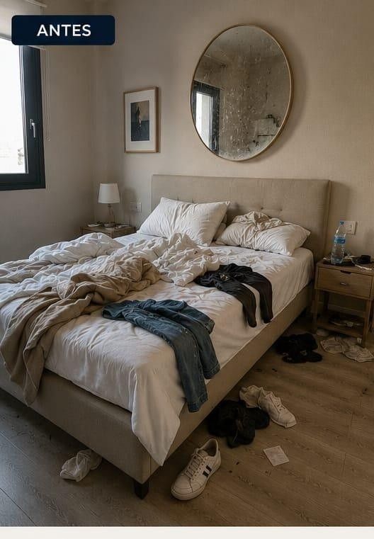 Dormitorio desordenado con la cama sin hacer, almohadas, espejo, mesita de noche y ropa y zapatos esparcidos por el suelo