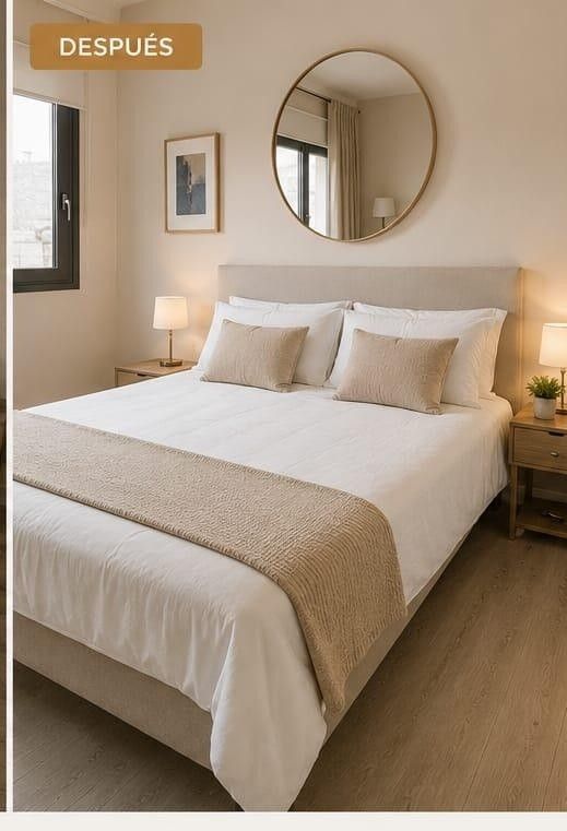 Dormitorio luminoso con la cama bien hecha, detalles en beige, espejo redondo y lámparas de mesita de noche