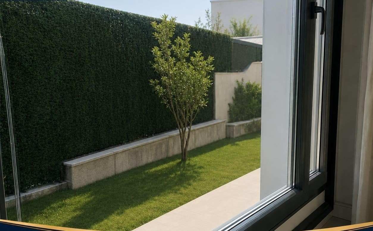 Vista desde una ventana de un patio soleado con un seto verde, un árbol pequeño, césped y un muro de hormigón.