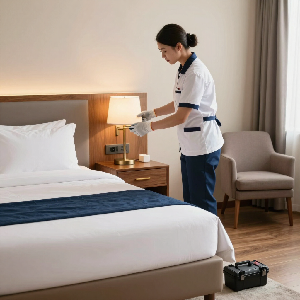 Una camarera de hotel haciendo la cama en una habitación de huéspedes, junto a una lámpara de mesita y una silla
